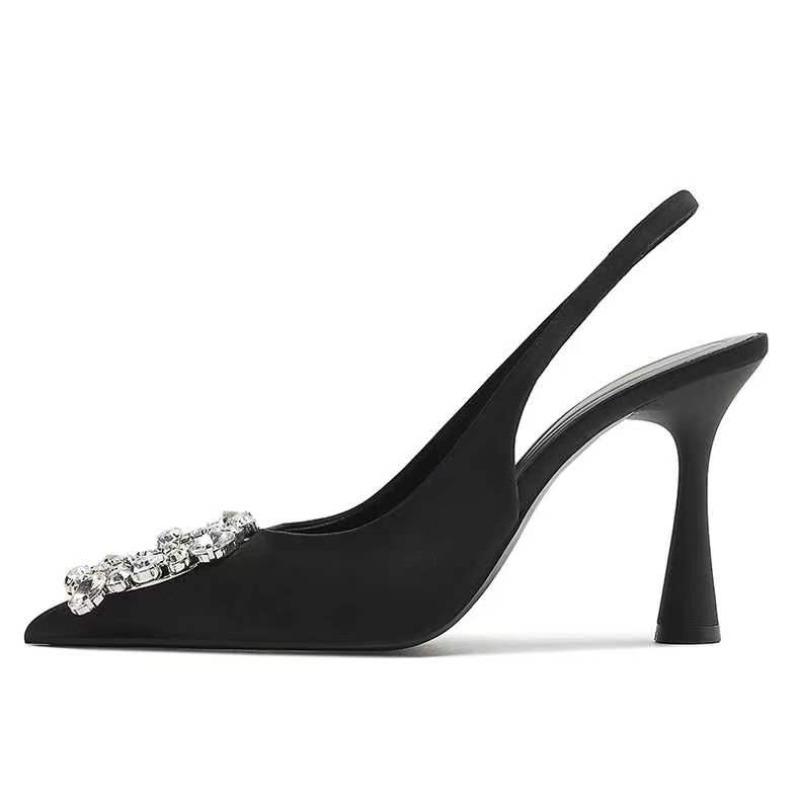 Элегантные женские туфли-лодочки с хрустальной пряжкой Лето 2025 Сексуальные туфли-лодочки с острым носком и высоким каблуком Сандалии Женские с ремешком сзади Вечерние свадебные туфли Женские