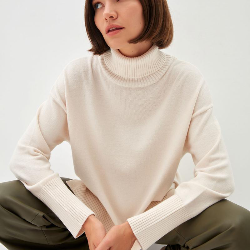 Женский осенне-зимний трикотаж с высоким воротом, свободный однотонный свитер с длинными рукавами