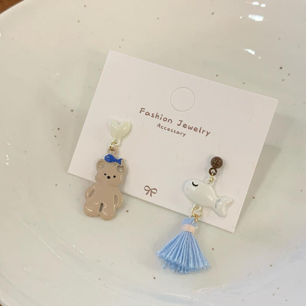 Милые серьги в виде голубого медведя для женщин - Серебряная игла Niche Carousel Design