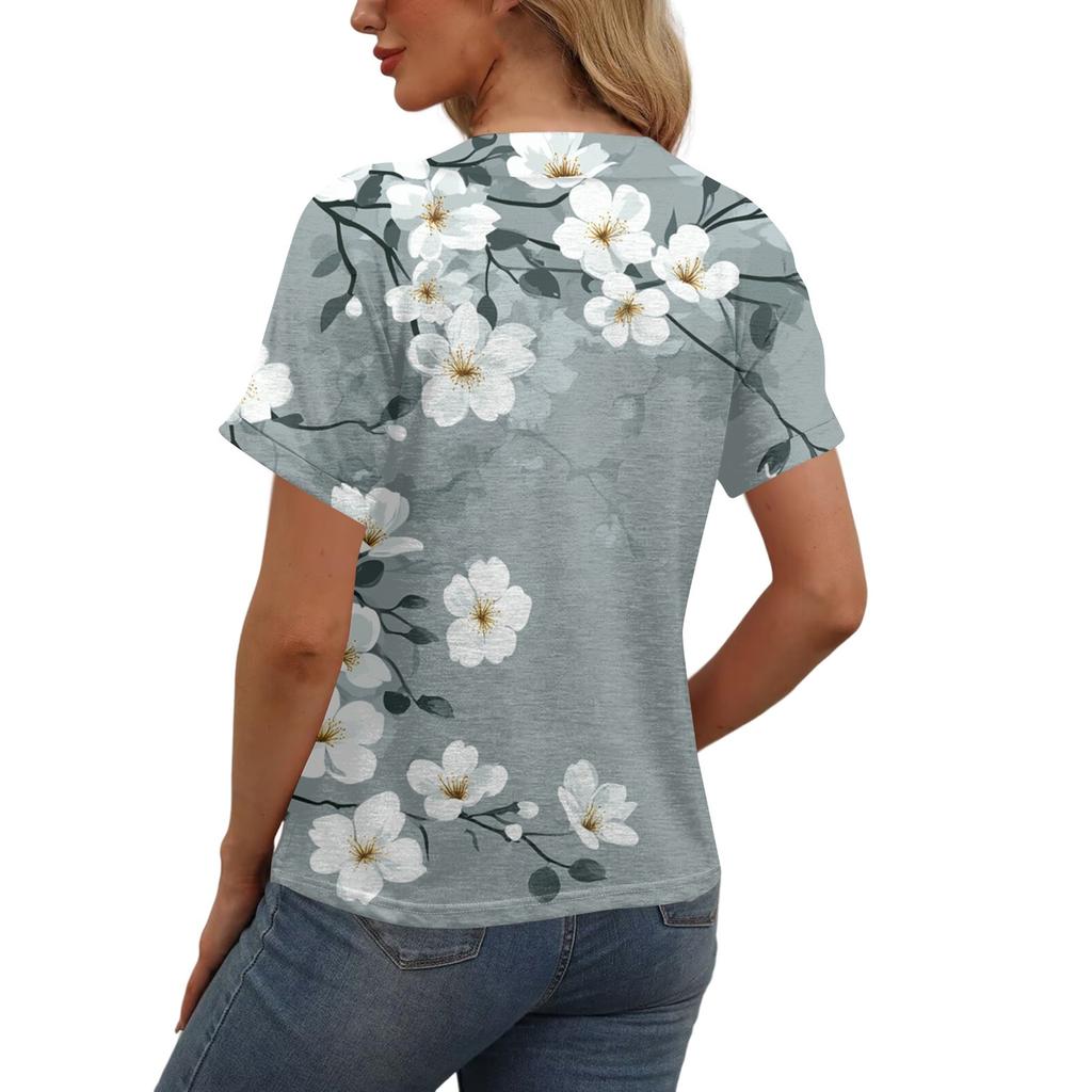 Женская мода с короткими рукавами и V-образным вырезом, повседневная футболка с пуговицами