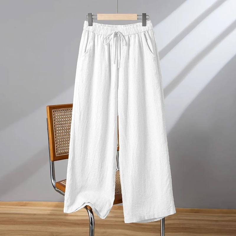 Хлопковые брюки летние женские большие размеры свободные пижамные брюки универсальные повседневные льняные брюки с высокой талией широкие