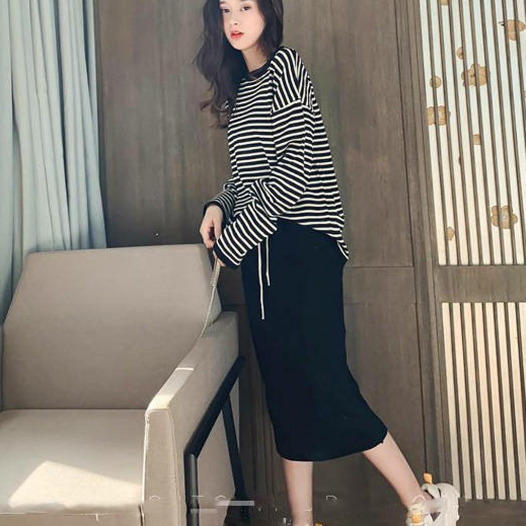 Lady Fashion Women Long Sleeve Split 2 Piece Set Casual Stripe Outfit Skirt