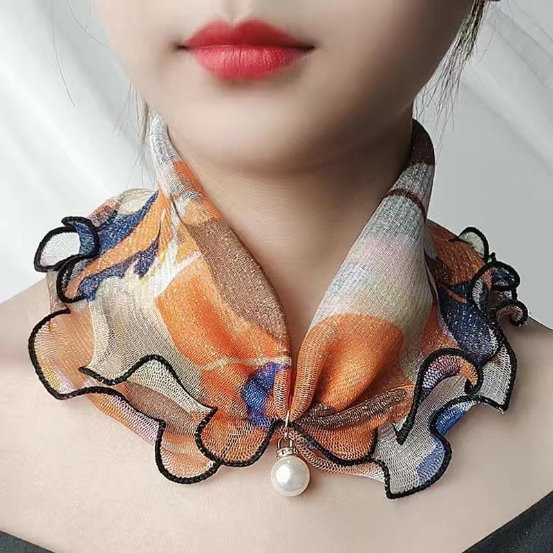 Square Women Fun Ears Edge Pearl Elegant Printed Neck Ties Pendant Temperament Cute Silk Scarf Versatile Handmade