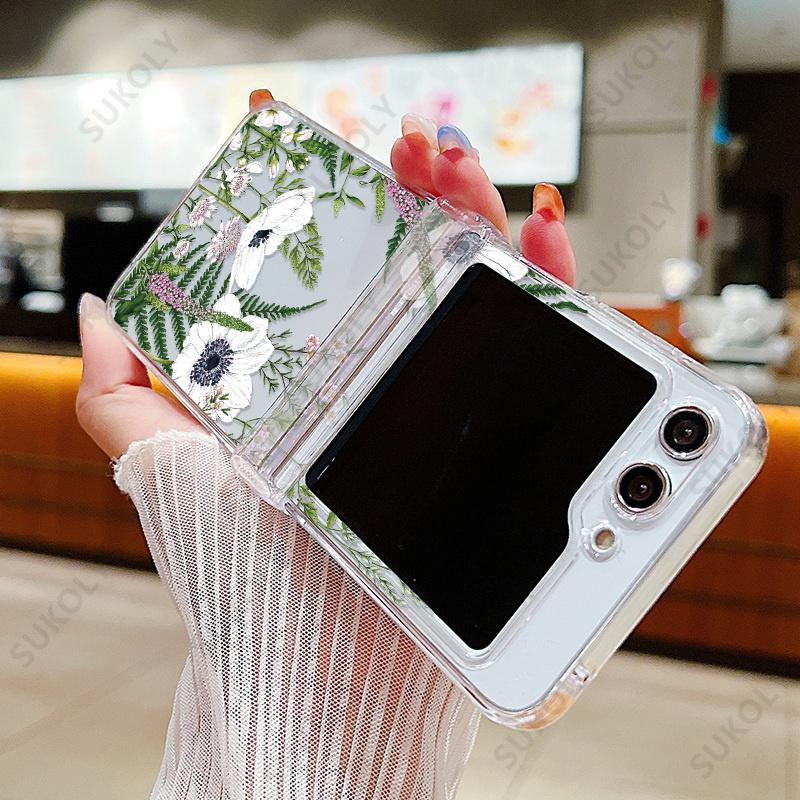 Прозрачный чехол с цветочным узором для Samsung Galaxy Z Flip 7 FE 6 5 4 3 Прозрачная жесткая складная крышка для Samsung Z Flip5 Flip4 Flip6
