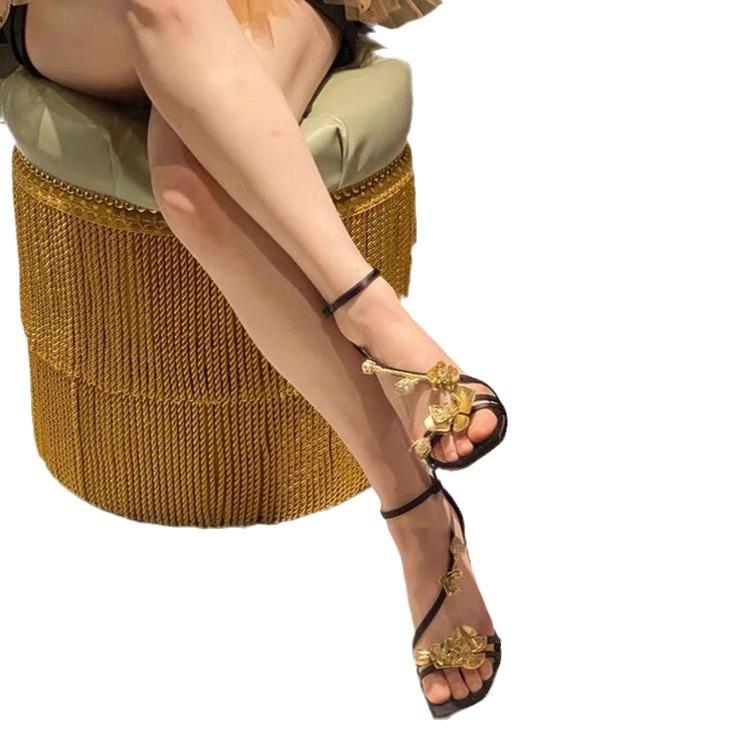 Нишевый дизайнерский смысл золото роза туфли-стилеты на высоком каблуке женские летние квадратный носок открытый носок одно слово с сандалиями