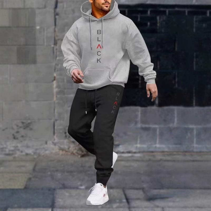Mens Hooded Fleece Sweatshirt Set Black Letter Print Casual Sportswear Tracksuit