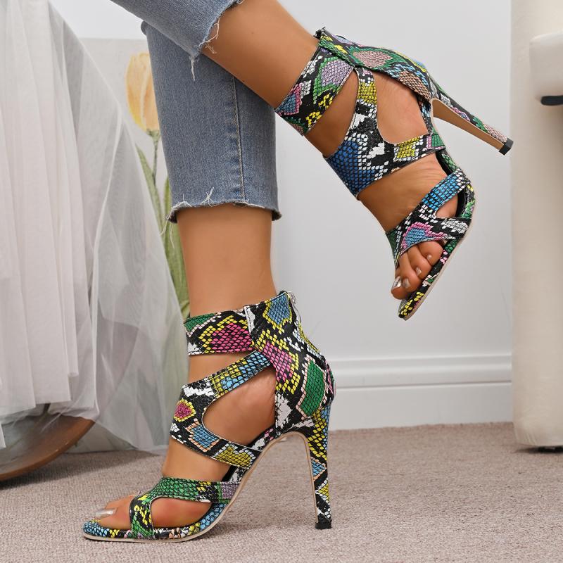 Красочные босоножки на супервысоком каблуке с узором змеи, женские, лето 2025, дизайнерские, с перекрестными ремешками, сексуальная клубная обувь для женщин