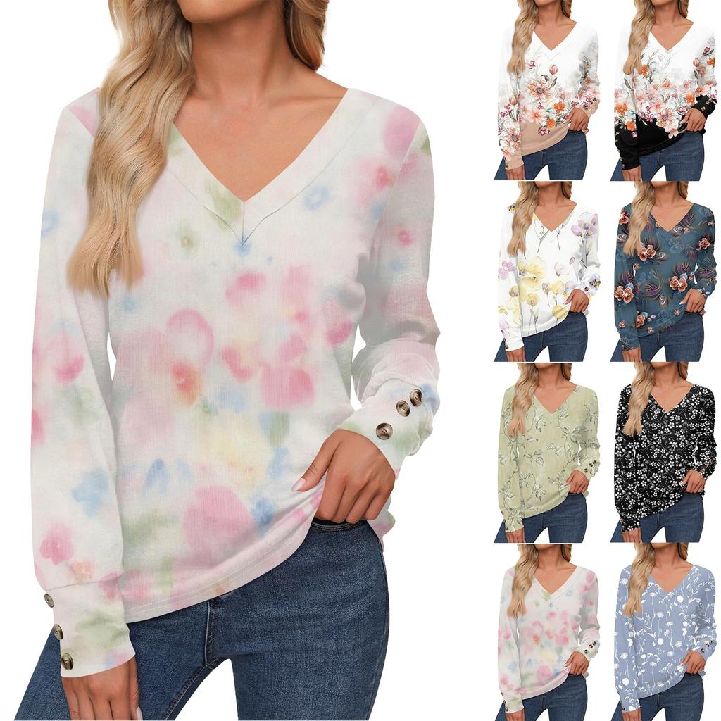 Women's Tops Floral Print Long Sleeve Shirt V Neck Casual Loose Tee Autumn Clothing