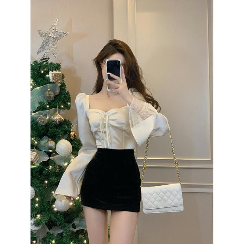 2023 весенняя элегантная атласная блузка с длинным рукавом, женская тонкая квадратная шея Y2k, одежда, корейская мода, повседневные рубашки, офисные женские топы