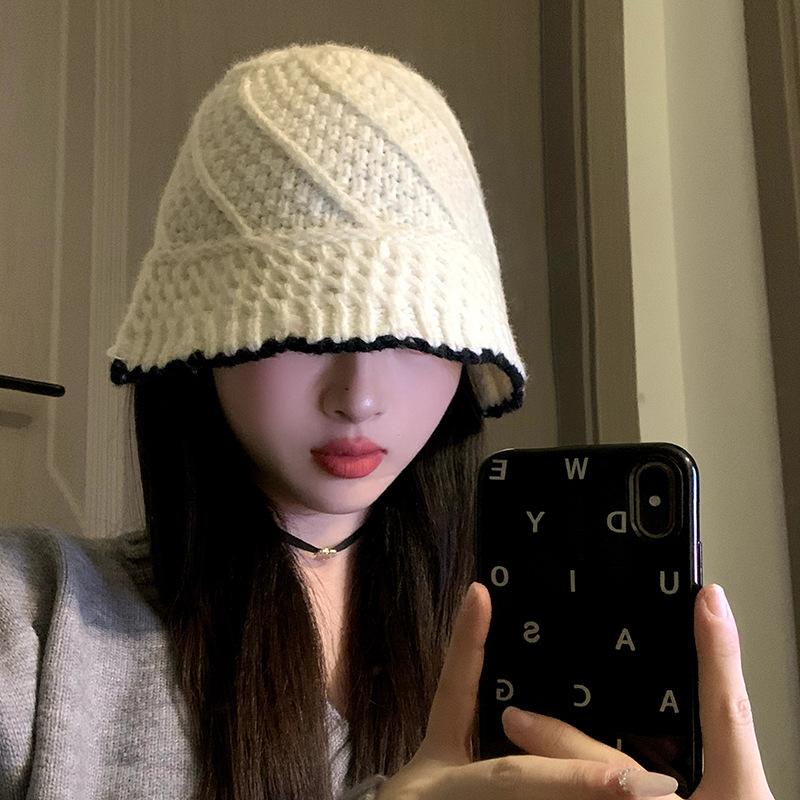 Женская вязаная шерстяная шляпа-ведро на осень и зиму в корейском стиле, теплая, с защитой ушей, универсальная и подчеркивающая лицо, маленькая шляпа-ведро
