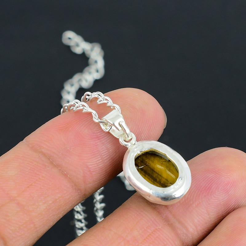 Кулон-цепочка Тигровый глаз Ручной работы Тонко отполированный Кулон из стерлингового серебра 925 пробы с современным дизайном Подарок на свадьбу для невесты