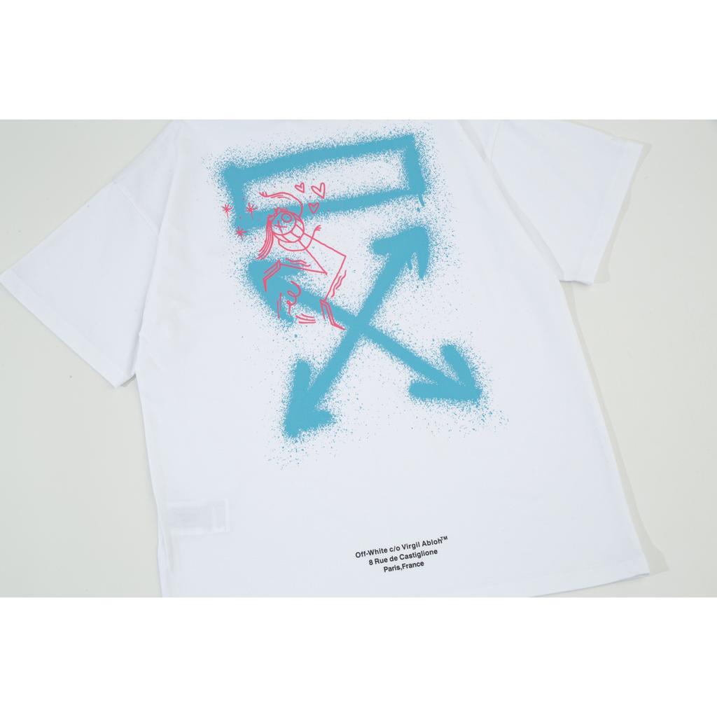 Off-White 2025 Лето Новинка Синий смайлик граффити нарисованные от руки буквы большой логотип принт Классическая футболка с коротким рукавом Парная футболка