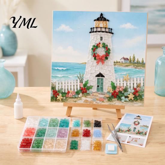 Festive Room Decor Christmas Lighthouse Mosaic Art Kit for Adults, DIY Coastal Craft with Decorations Colorful Acrylic Pieces, Decoration Holiday Home