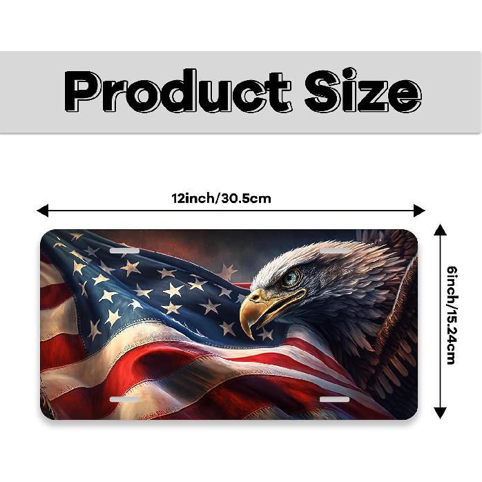 Front License Plate 6x12 Inches American Flag Eagle Patriotic Flag | Aluminum Metal Decorative Vanity Tag, 6x12 Inches 4 Holes Car Decor Accessory