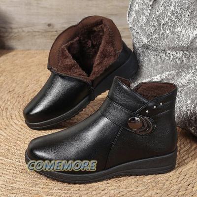 Модные Высококачественные Модные Зимние Черные Ботинки Женские Кожаные Теплые Меховые Ботильоны Мама Уличный Отдых Нескользящие Снежные Ботинки Женская Обувь