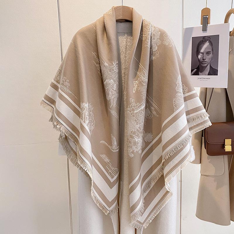 Double-Sided Landscape Painting Large Square Scarf Plant Flower And Bird Thickened Warm Scarf Air-Conditioned Room Neck Protection Shawl