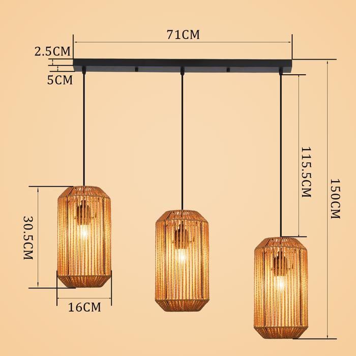 Lampe suspension rotin naturel NETTLIFE 3 lumières, Design bohème chic métal noir, Long, Luminaire E27 pour salle à manger salon