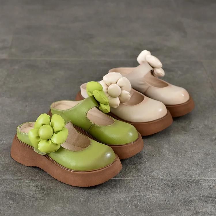 Johnature Detachable Large Flower Round Toe Women's Slippers Genuine Leather Lightweight Thick Soled Sandals