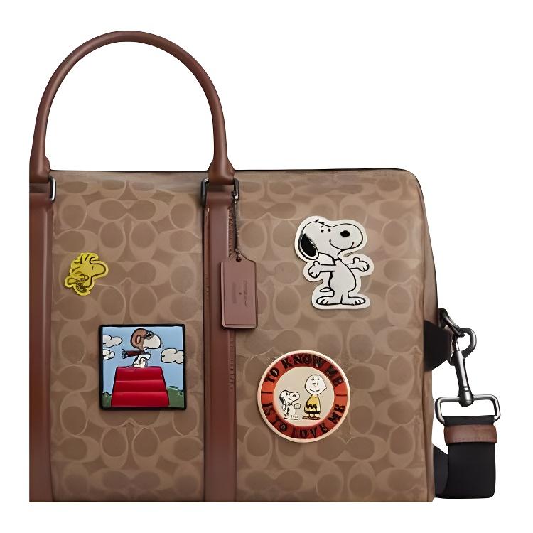Coach X Peanuts Signature 45 Ventura Logo Coated Canvas And Leather Boston Bag Women Travel Bag Brown CBI42-QBTAM