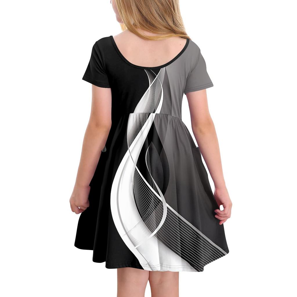 Детская юбка с круглым вырезом и коротким рукавом, платье принцессы, модное повседневное платье с карманами для девочек