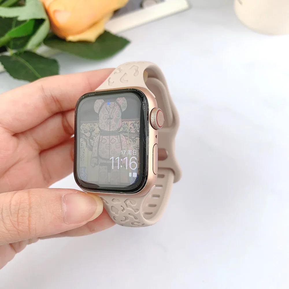 Leopard Engraved Strap for Apple Watch Band 44mm 40mm 45mm 49mm 41 42mm Silicone Bracelet for Iwatch Series Ultra 2 9 8 7 6 SE 5