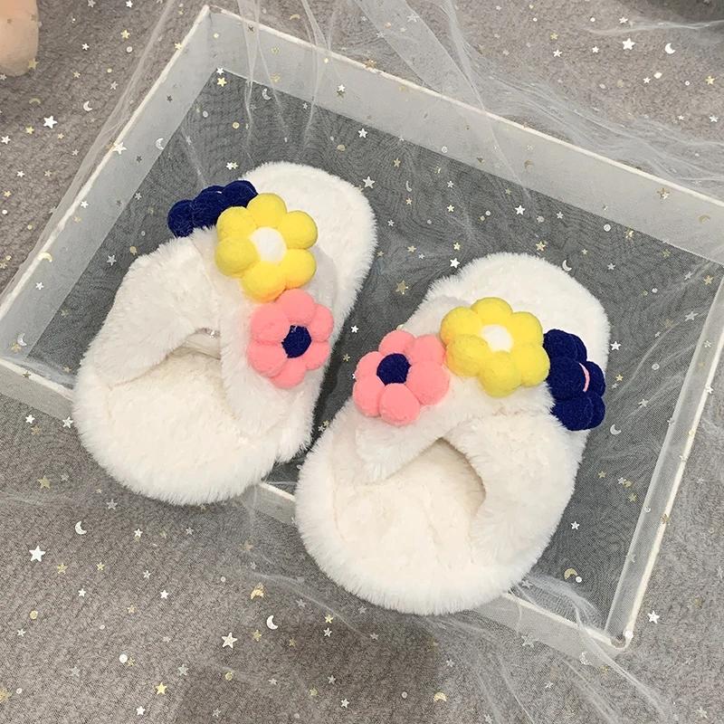 Новые милые зимние меховые тапочки для девочек, элегантные детские тапочки с цветочным принтом, теплые домашние тапочки для принцесс, модная мягкая универсальная детская повседневная обувь