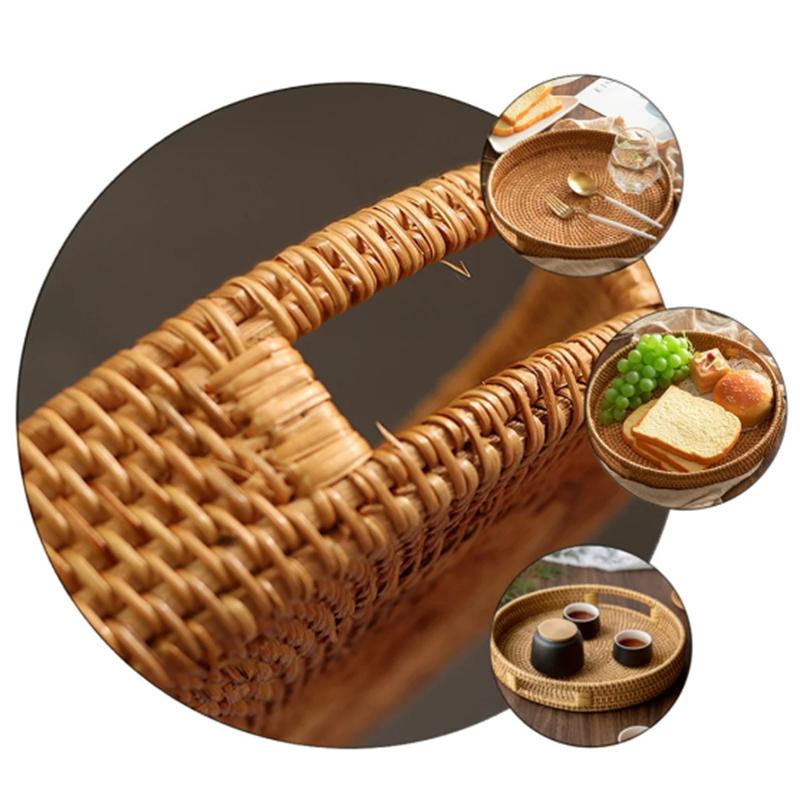 Экологичный поднос для хранения из ротанга, плетеная вручную корзина, тарелка для закусок, хлеба, фруктов, торта, поднос для сервировки ужина, поднос для чая