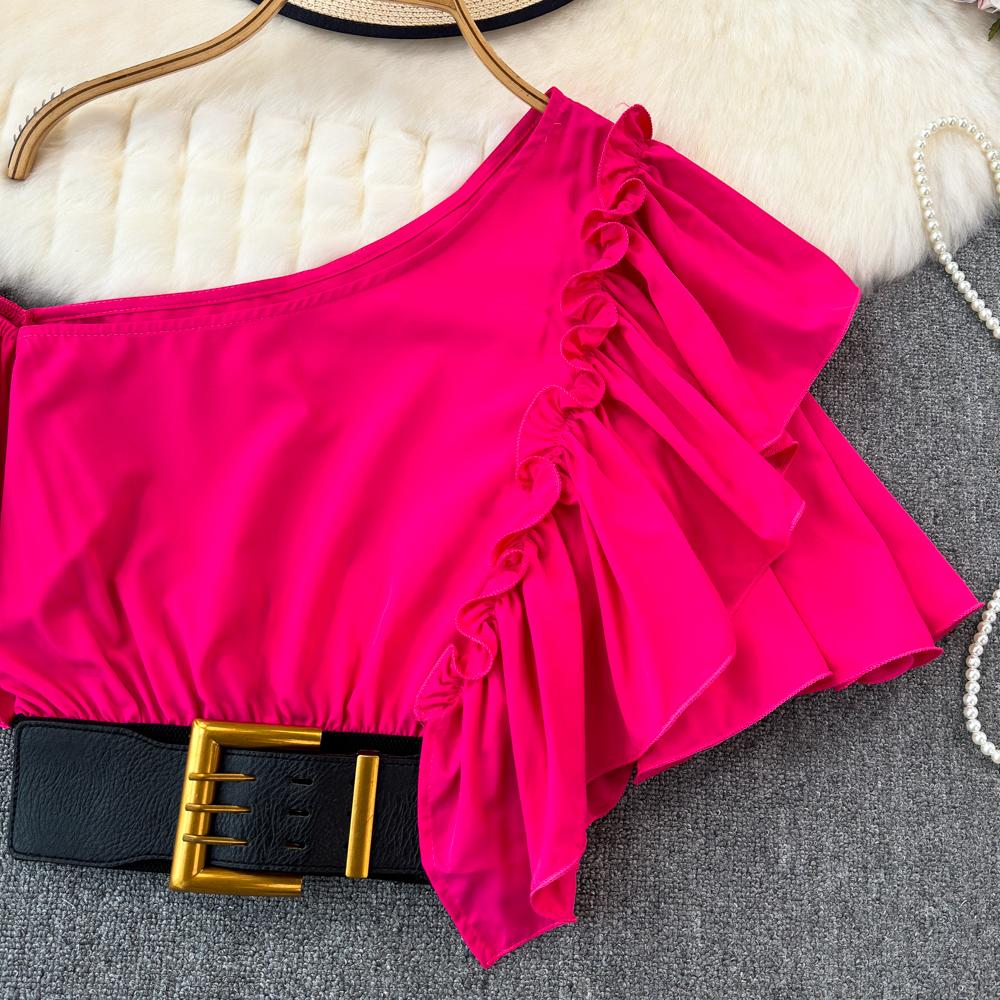 Шикарная блузка Blusas De Mujer с косым воротником и воланами, нерегулярная блузка Ins для женщин, однотонная, со складками на поясе, Camisas, летняя дропшиппинг