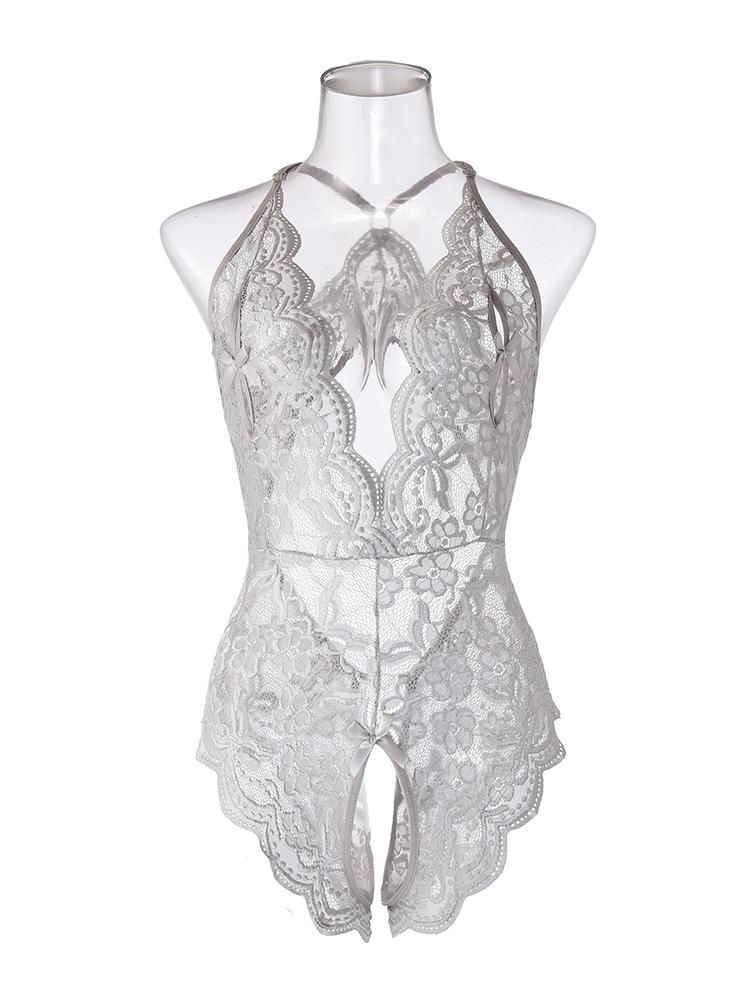 Sexy Crotchless Blue Lingerie Women Lace Hollow Bodysuit Erotic Pajamas Teddy Babydoll Dress Deep V Open Bra Porn Underwear Set