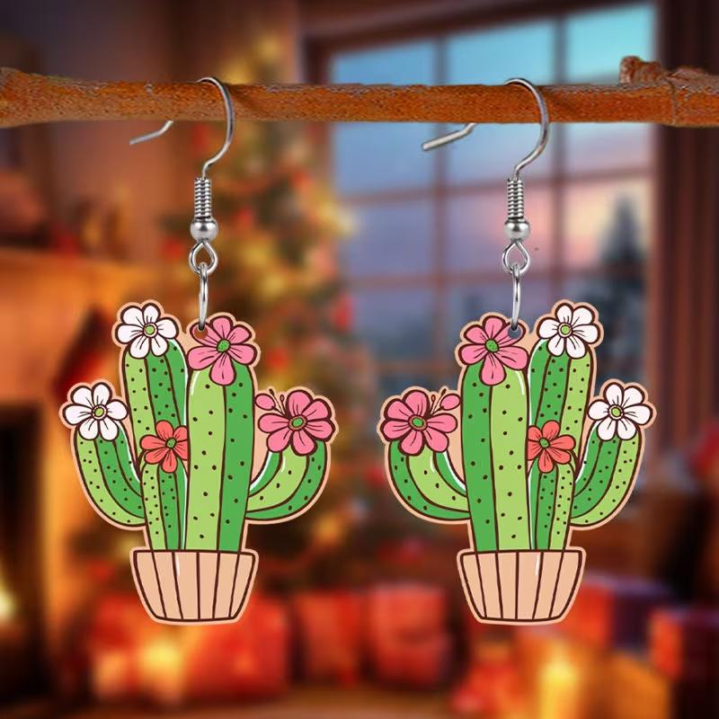 Cross-border new spring plant cactus potted earrings 2D flat acrylic Mexican five-section earrings