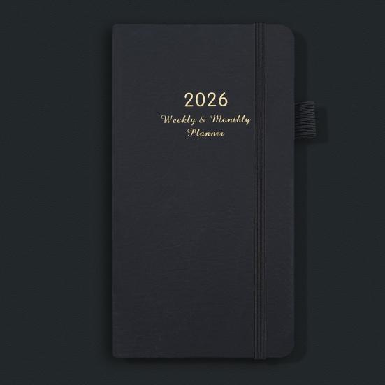 2026 Pocket Planner with Elastic Strap Pen Loop Ribbon Bookmark Weekly Monthly Academic Planner 12 Months Schedule Management Hardcover Notebook