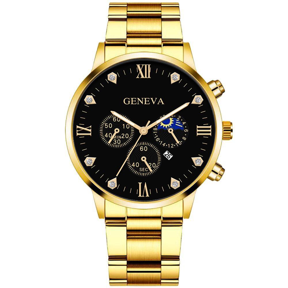 Diamond-Encrusted Men'S Steel Belt False Three-Eye Calendar Roman Scale Men'S Versatile Jewelry + Wrist Watch