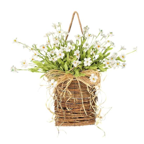 Door Hanger Basket Wreath Spring Summer Artificial Flowers in Wicker Basket for Front Door Rustic Rattan Hanging Basket Wreath for Home Porch Entryway