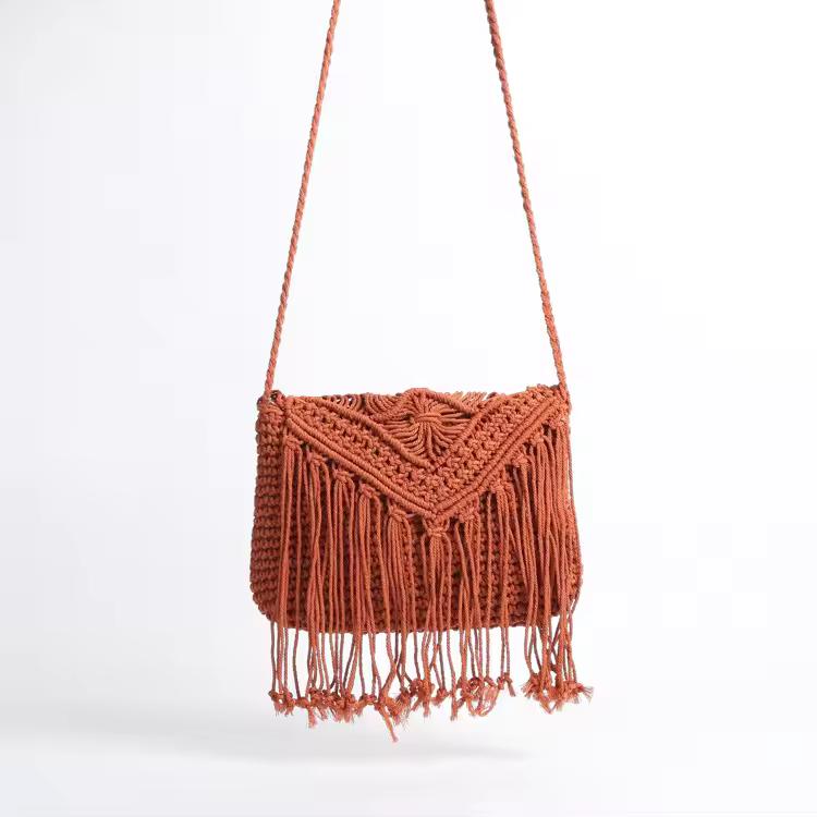 Fashion Casual Cotton Bag Hollow Tassel Beach Bag Flap Hand Woven Bag Cotton Rope Shoulder Crossbody Bag For Women