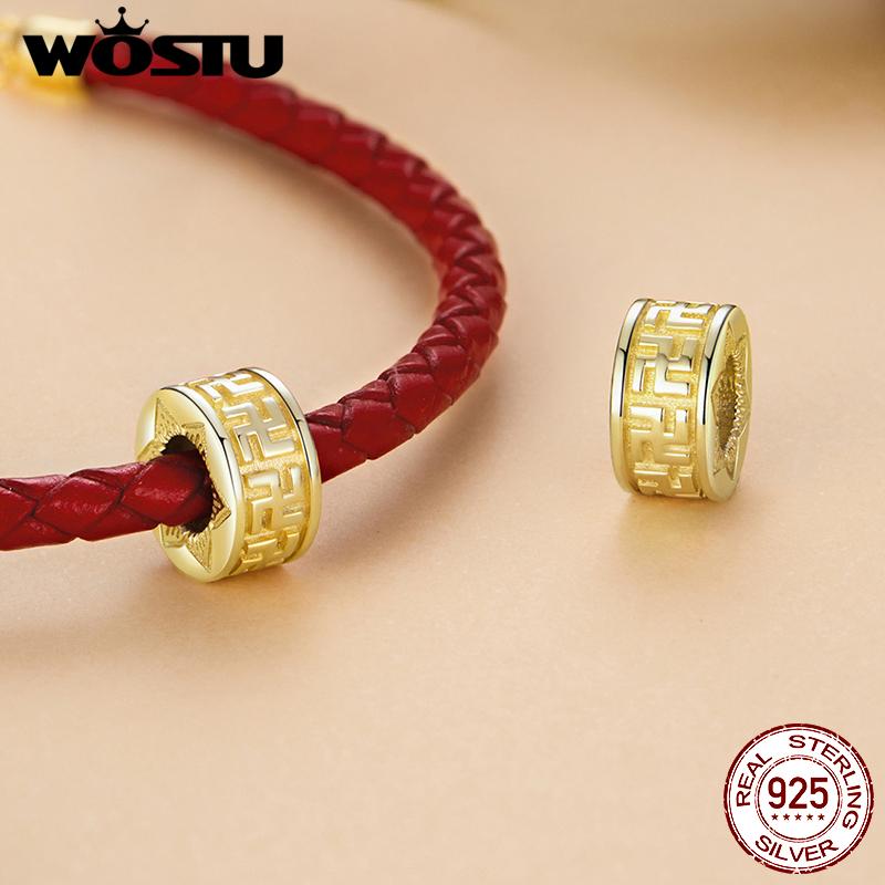 WOSTU 925 Sterling silver 18K gold Religious Golden Buddha Charm Vajra Pendant Swastika Stopper Bead Fit Leather Bracelet DIY