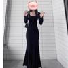 2025 Осень Корейский стиль Черное платье «рыбий хвост» с лотосом для женщин