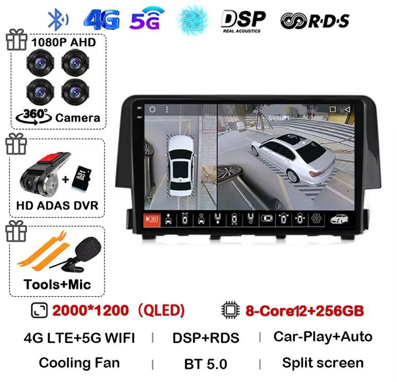 Android 14 Беспроводной Carplay Auto Для Honda Civic 2016 2017 2018 2019 2020 Автомагнитола Стерео Мультимедийный Плеер GPS 4G+WIFI DSP