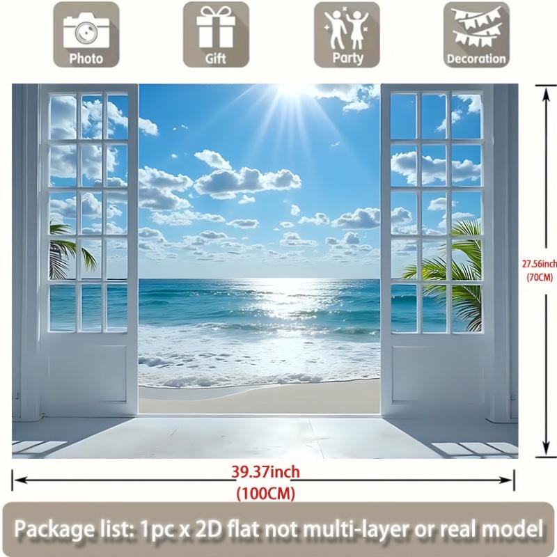 2D Plane - 2D Plane - 1 piece 2D Plane Banner | Open white frame door display presenting the sunny seaside scenery