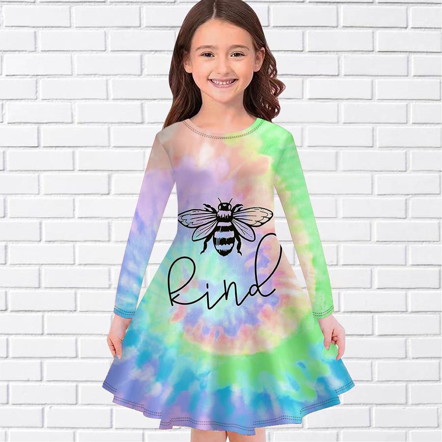 Повседневное платье для девочки с принтом маленькой пчелки и круглым вырезом, с длинными рукавами, детское платье принцессы