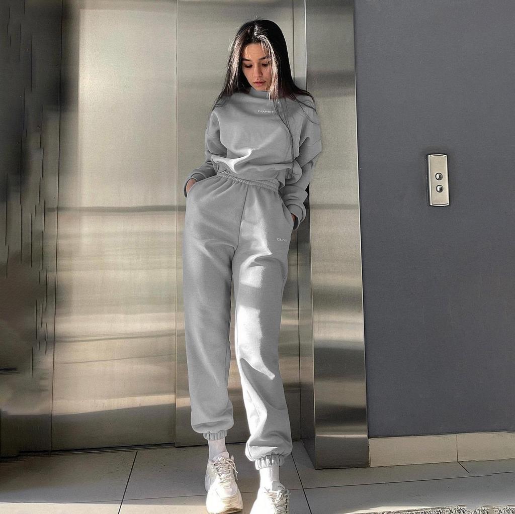 Женский однотонный костюм с длинным рукавом и круглым вырезом, осенне-зимний свободный верх, широкие брюки