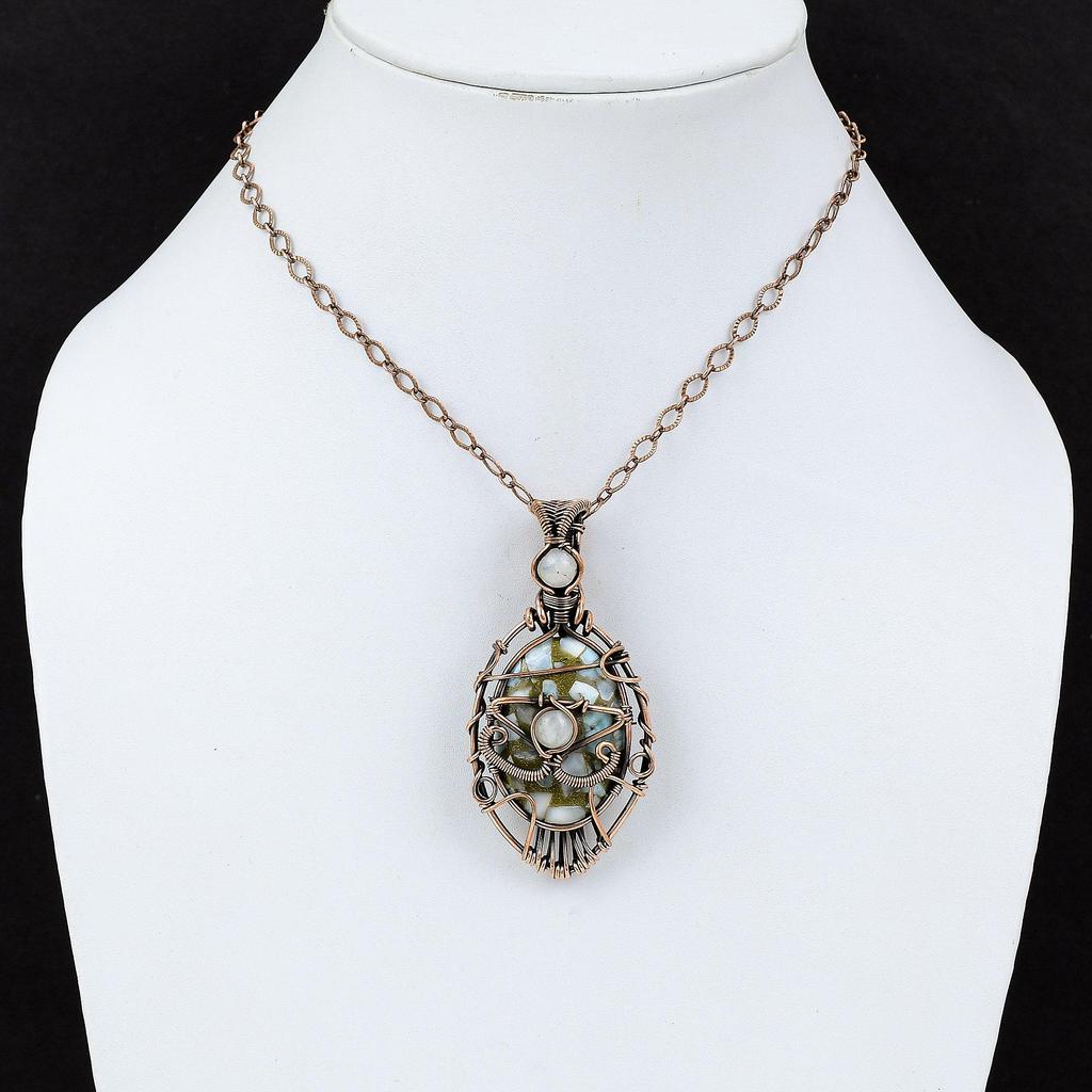 Evil Eye Copper Larimar Pendant Copper Wire Wrapped Gemstone Pendant Handmade Evil Eye Jewelry Dainty Rainbow Moonstone Pendant Gift For Him