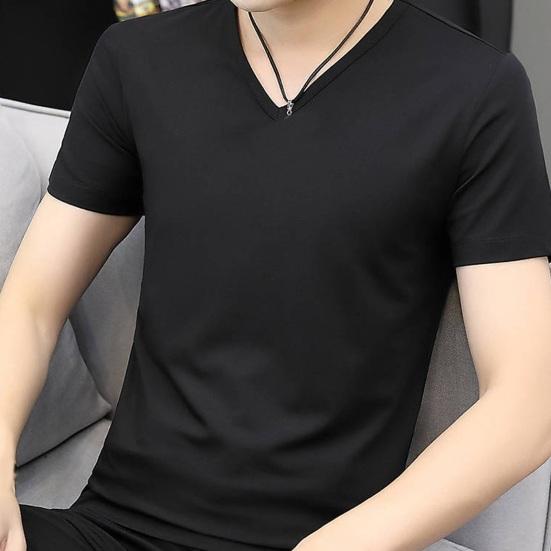 Летняя мужская футболка с V-образным вырезом из ледяного шелка, сплошной цвет, повседневный стиль, с коротким рукавом, приталенный пуловер, повседневная одежда, молодежный спортивный топ для подростков
