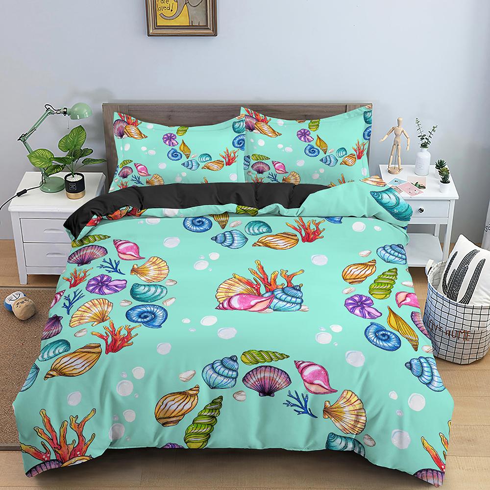 Shell Duvet Cover Set Starfish Crab Sea Animals Kawaii Polyester Comforter Cover For Kid Boys Girl Bedding Set King Full Size