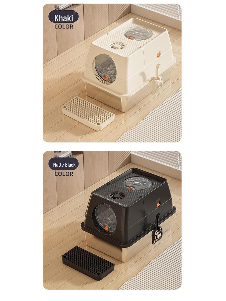 Stainless Steel Top-Entry High-Sided Cat Litter Box with Flip-Top and Anti-Splash Design