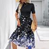 Women's Fashion Casual Belt Short Sleeve Round Neck Floral Elegant Temperament Dress