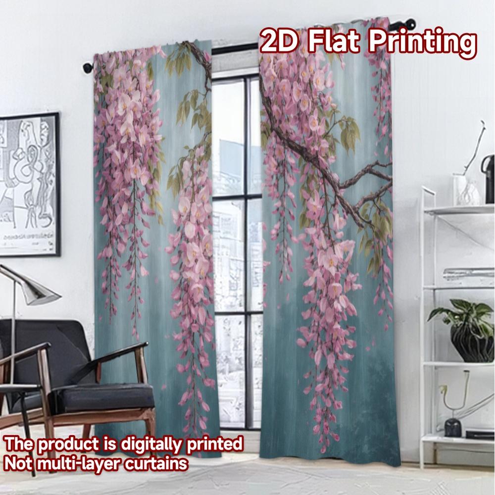 2D FLAT PRINTING 2pcs Curtains (Without Rod) Pink Wisteria Blooms Print Chic Curtains Versatile 100% Polyester Curtains Present