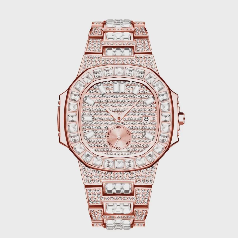 Hip Hop Iced Out Mens Watch Diamond Paved Analog Quartz Watch Waterproof Stainless Steel Luxury Wristwatch