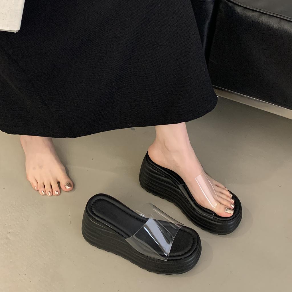 Летние сексуальные высокие каблуки модные водонепроницаемые прозрачные удобные тапочки на толстой танкетке для женщин