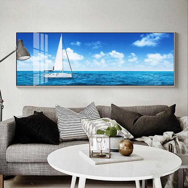 Голубое небо, облака, морской пейзаж, лодка, корабль, пейзаж, холст, живопись, постеры и принты, настенные панно для гостиной, домашний декор, без рамки