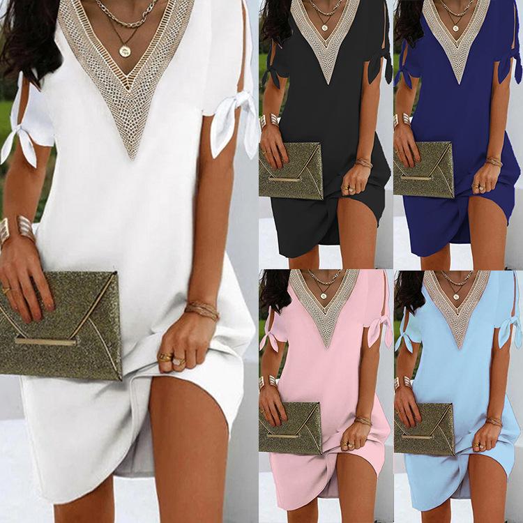 Women Dresses Short Sleeved Slit Cuff Bow Boho V Neck Solid Color Neckline Elegant Lace Mid Dress